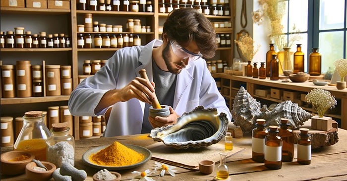 Homeopata pažljivo priprema prirodne lekove u laboratoriji sa biljem, mineralima i esencijalnim uljima, okružen policama sa homeopatskim preparatima.
