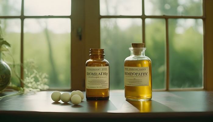Dve boce homeopatskog leka stoje na stolu pored prozora sa pogledom na zelenilo.