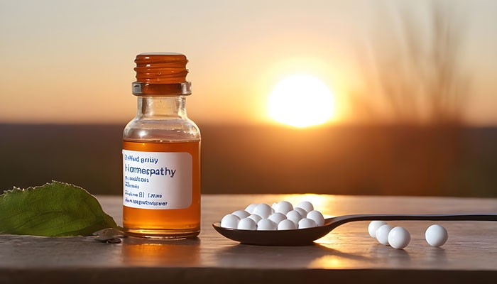 Bocica homeopatskog leka i bele pilule na kašičici, sa pozadinom zalazećeg sunca, simbolizujući prirodno lečenje.