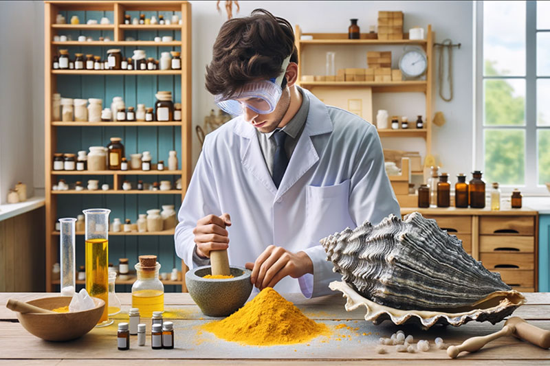 Homeopat u laboratoriji priprema Hepar Sulphur prah sa školjkom i biljnim ekstraktima.