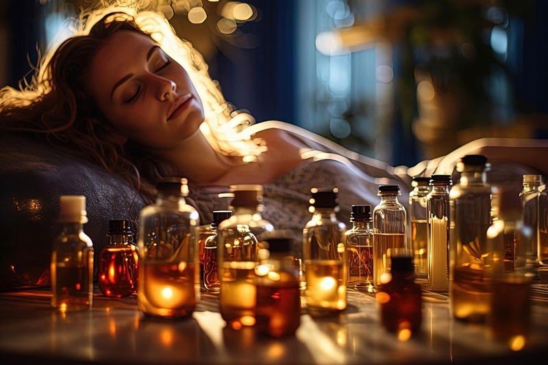 Žena s hormonskom neravnotežom odmara uz homeopatske lekove, bokeh svetlo.