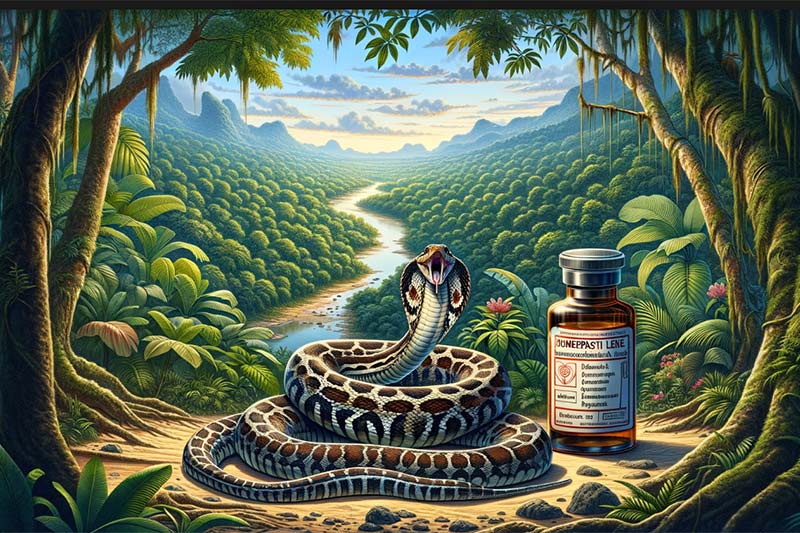 Lachesis muta zmija pored bočice 'Homeopatski Lek' u Amazoniji