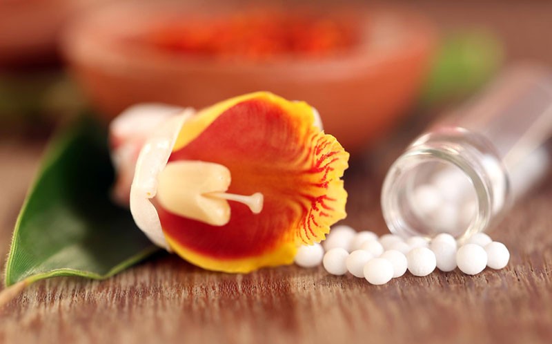 Cvet i homeopatske kuglice rasute po drvenom stolu