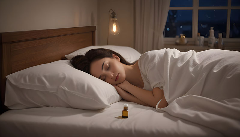 Žena mirno spava u krevetu. U prvom planu bočica sa homeopatskim lekom.