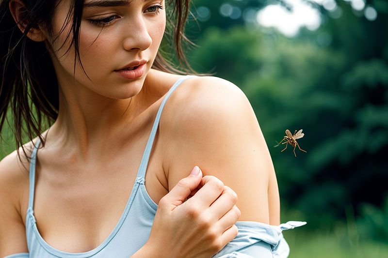 Mlađa žena u prirodi gleda u rame gde je napada komarac